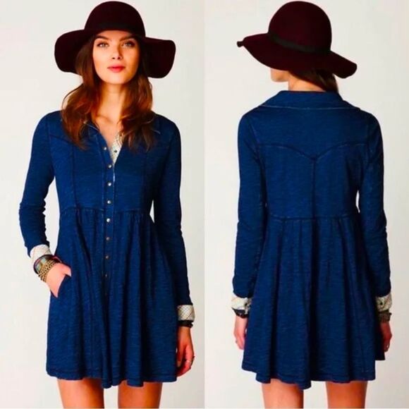 Free People Blue Long Sleeve Dress - Picture 1 of 11